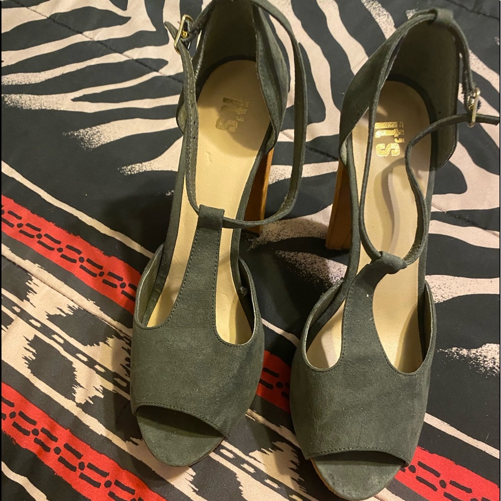 Forest green and tan platform heels